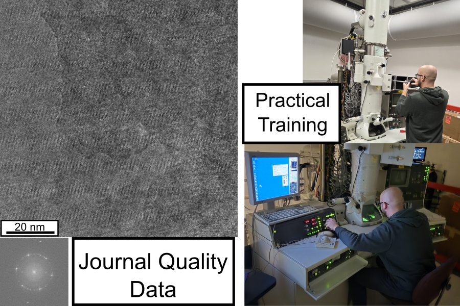 TEM image and FFT of material, showing Journal Quality Data; two images of a person working on a TEM receiving practical training