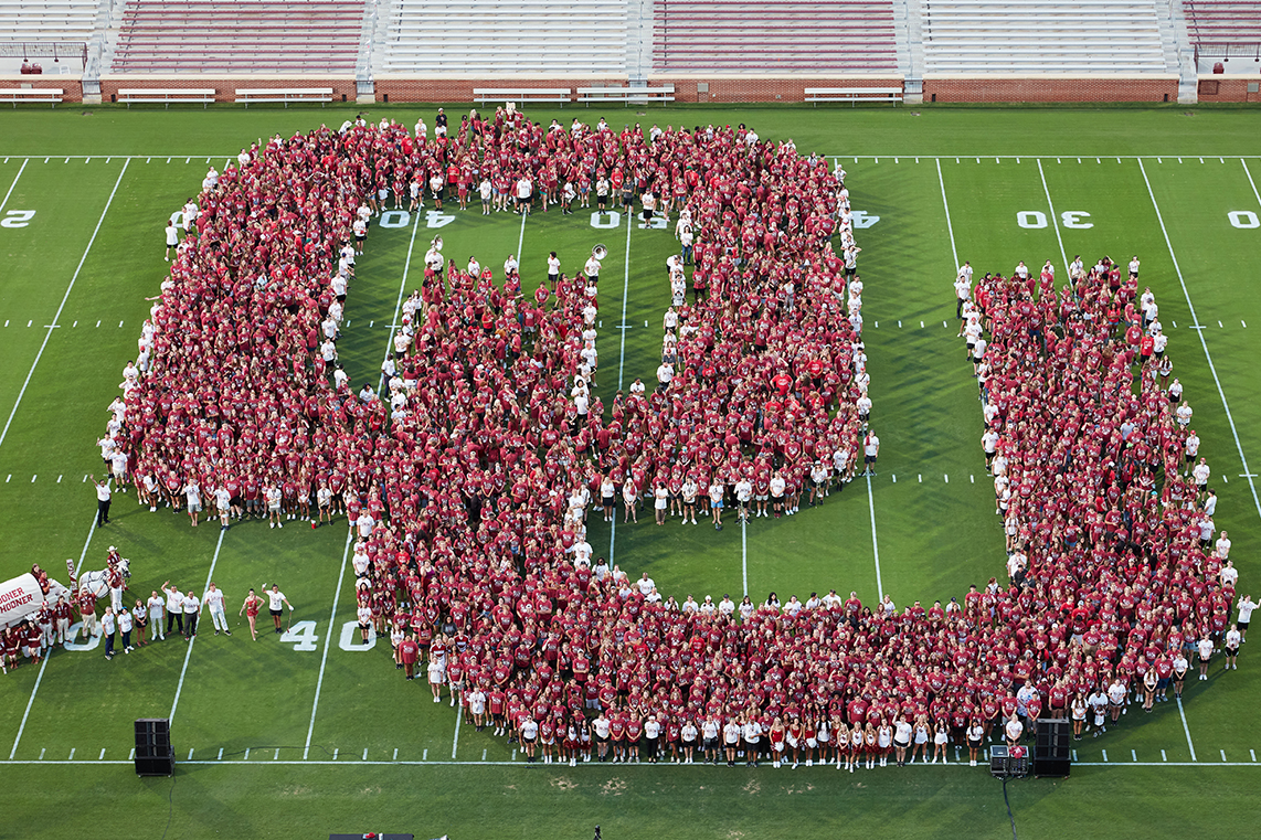 2022 Class Kickoff, students forming OU on football field