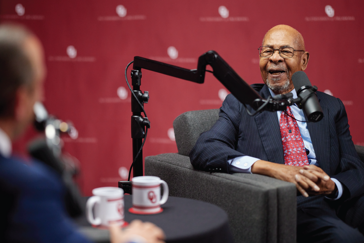 OU President Joseph Harroz Jr. talking to Dr. George Henderson during a taping of the Conversations with the President podcast