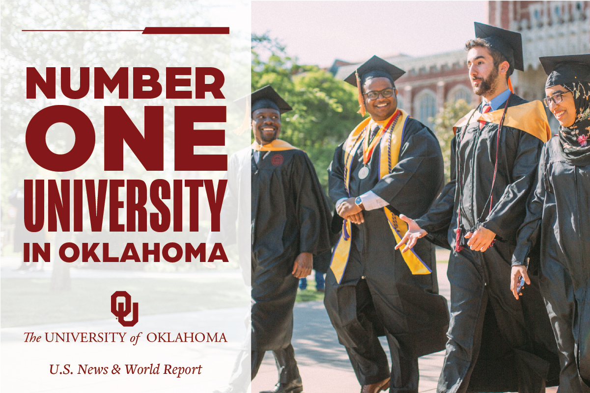 Number One University in Oklahoma, U.S. News & World Report. Interlocking OU, The University of Oklahoma. Graduates walking on campus in Norman, Oklahoma.