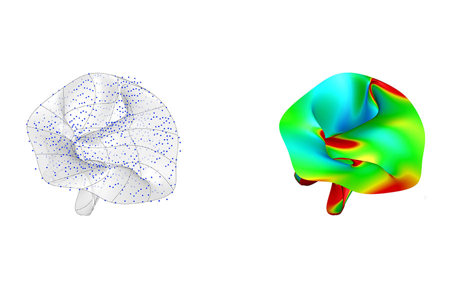 These images represent the data used in construction of a computational model (left) and the resulting prediction of potential heart valve leakage (right).