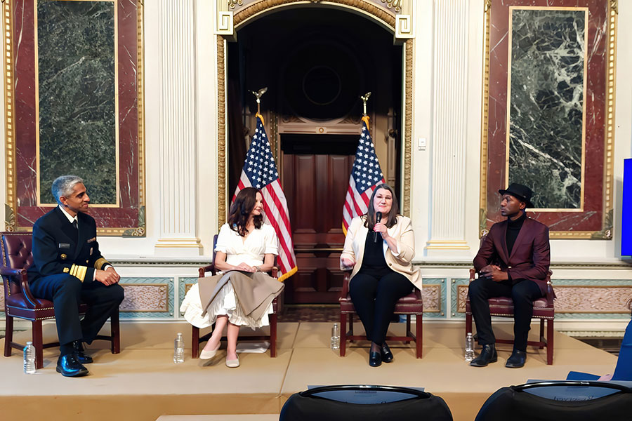 Shelby Rowe, second from right, executive director of the Suicide Prevention Resource Center at the University of Oklahoma, speaks at a White House panel discussion Tuesday with actress Ashley Judd, second from left, and singer-songwriter Aloe Blacc, right.