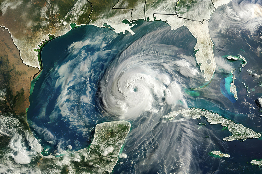 Satellite imagery of a hurricane moving through the Gulf of Mexico toward the Texas shoreline.