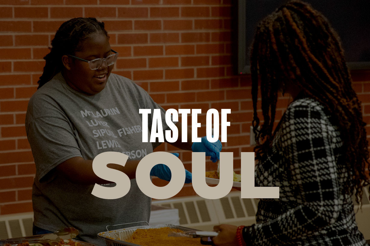 Taste of Soul overlaying an image of two people serving food.