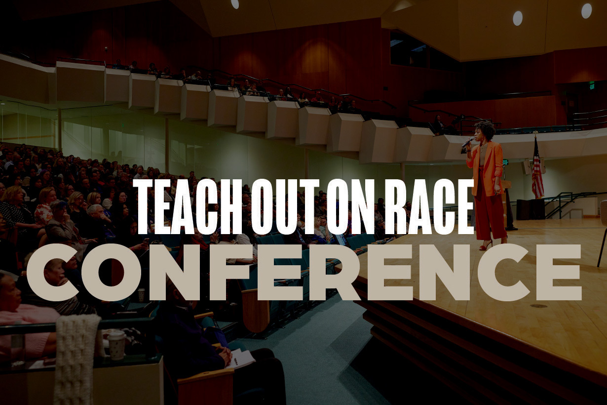 Teach Out on Race Conference overlaying an image of a speaker on stage in front of an auditorium of students.