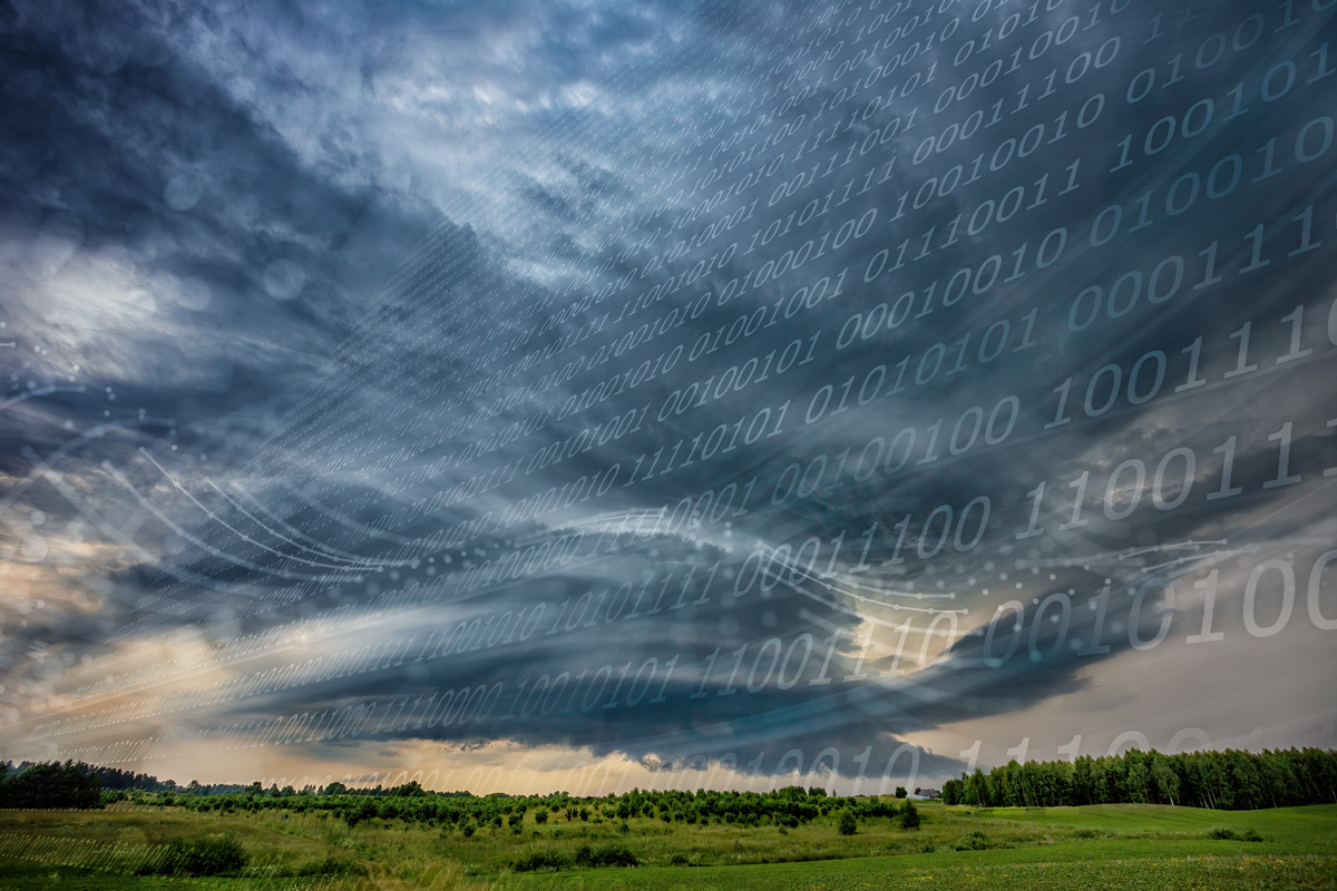 Storm clouds with zeros and ones, representing data, floating overhead.