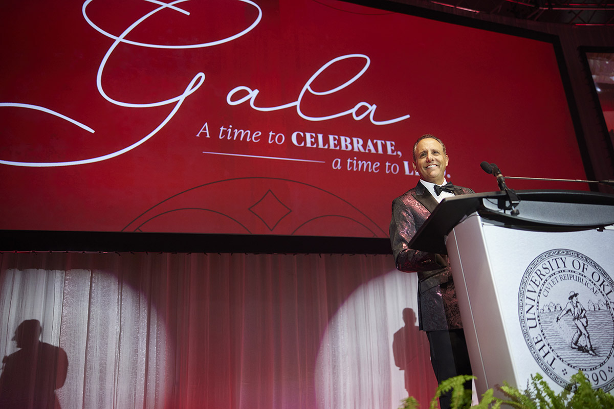 OU President Joseph Harroz Jr. at the podium during the Lead On Gala in October 2023.