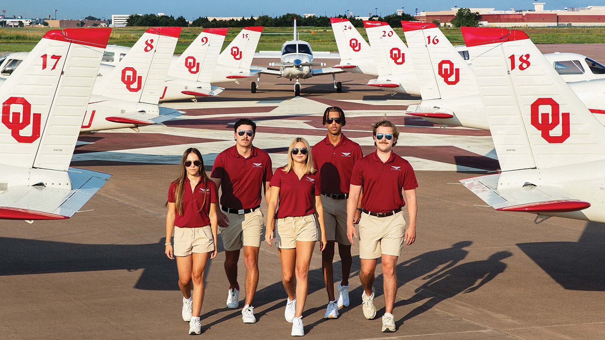 OU Aviation students Maddie Baca, Matthew Laird, Caydin McCauley, Jeremy Olive and Logan Molgaard. Photo by Shevaun Williams