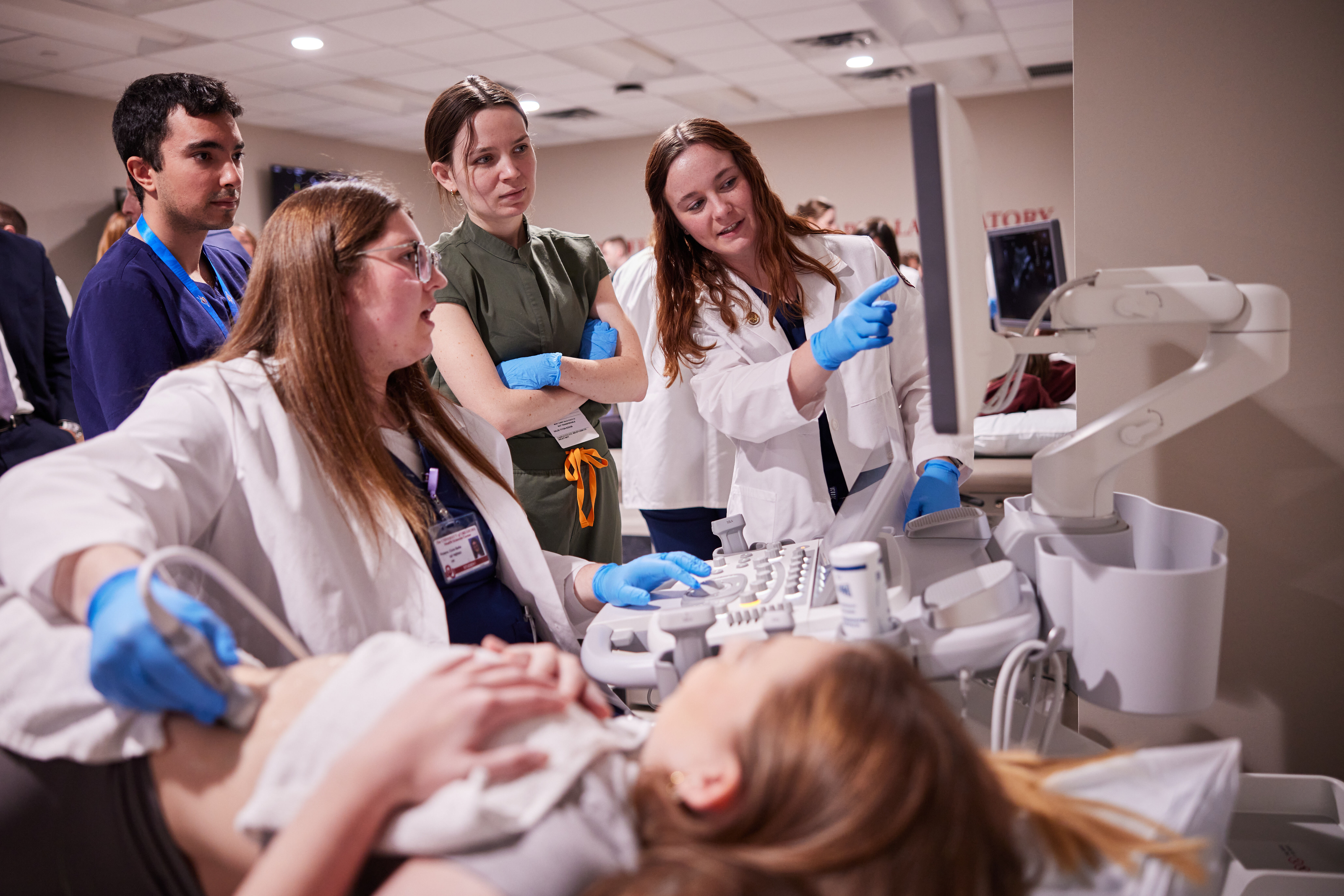 Students at work in the sonography laboratory.