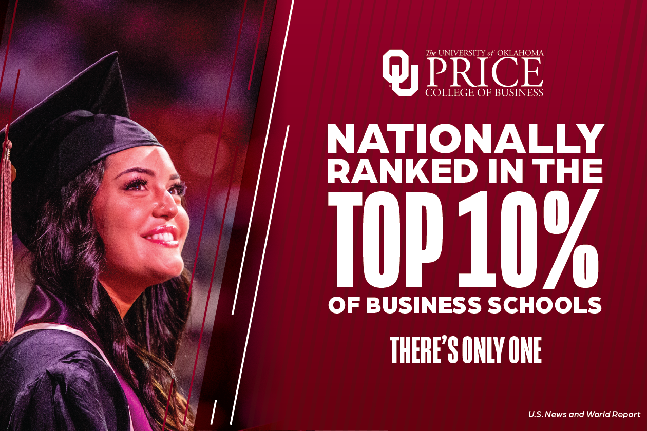 A graphic featuring a student in graduation regalia and the words "nationally ranked in the top 10% of business schools. There's Only One."