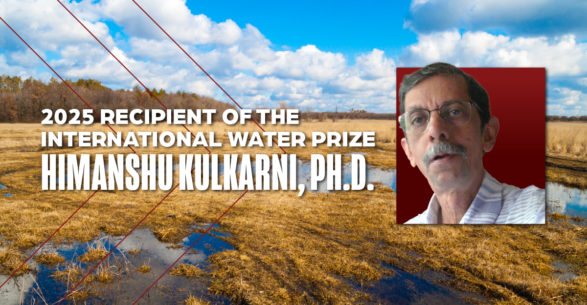 A photo of Kulkani and the words "2025 Recipient of the International Water Prize, Himanshu Kulkarni, Ph.D.".