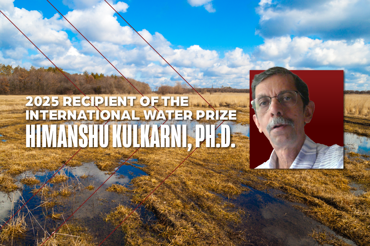 A photo of Kulkani and the words "2025 Recipient of the International Water Prize, Himanshu Kulkarni, Ph.D.".