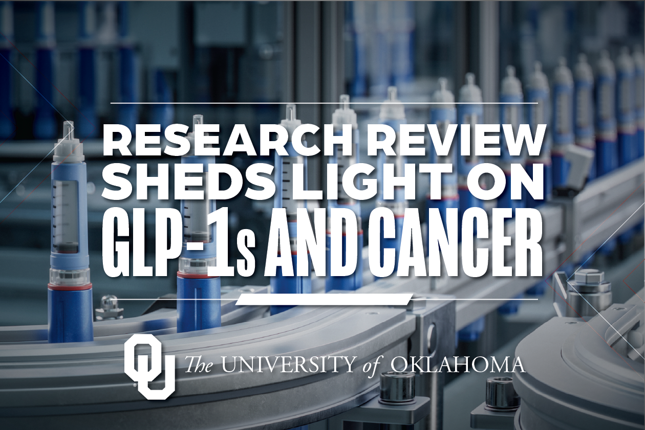 An image of GLP-1 shots and the words "research review sheds light on GLP-1s and cancer." 