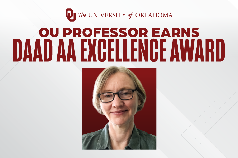 The words "OU professor earns DAAD AA Excellence Award" above a headshot of Karin Schutjer.