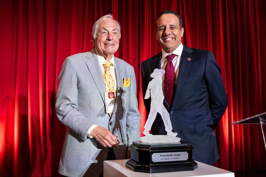 OU President Joseph Harroz Jr. and Max Weitzenhoffer with Crystal Seed Sower.