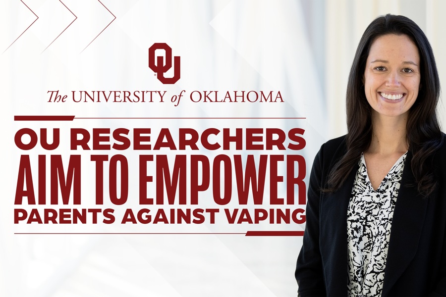 A graphic that reads "OU researchers aim to empower parents against vaping" to the left with a headshot of a researcher to the right.