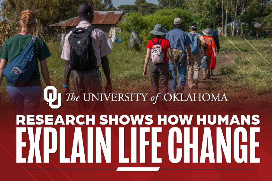 Graphic with photo of backpackers walking through dirt path and text reading, "Research Shows How Humans Explain Life Change."
