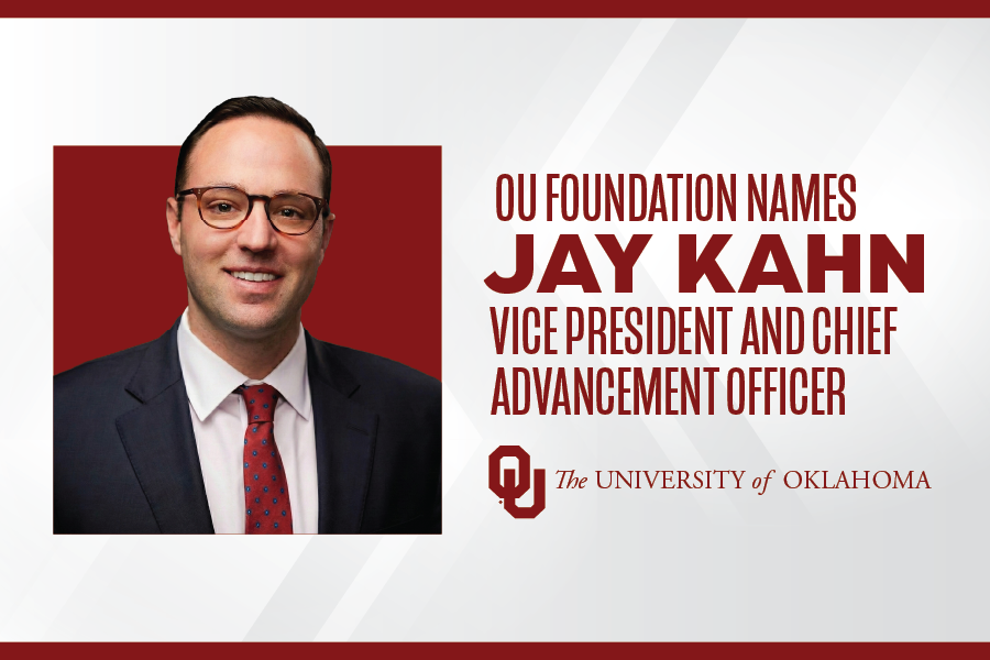 A graphic with a headshot of Jay Kahn on the left and the words "OU Foundation Names Jay Kahn Vice President and Chief Advancement Officer" on the right. 