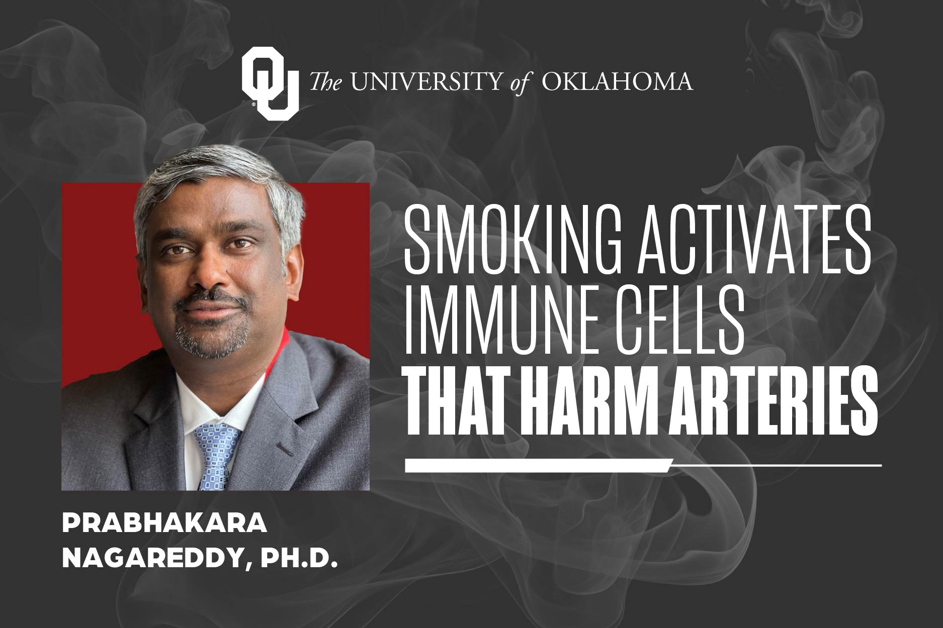 Graphic with photo of Prabhakara Nagareddy, Ph.D., reading "Smoking Actives Immune Cells That Harm Arteries."