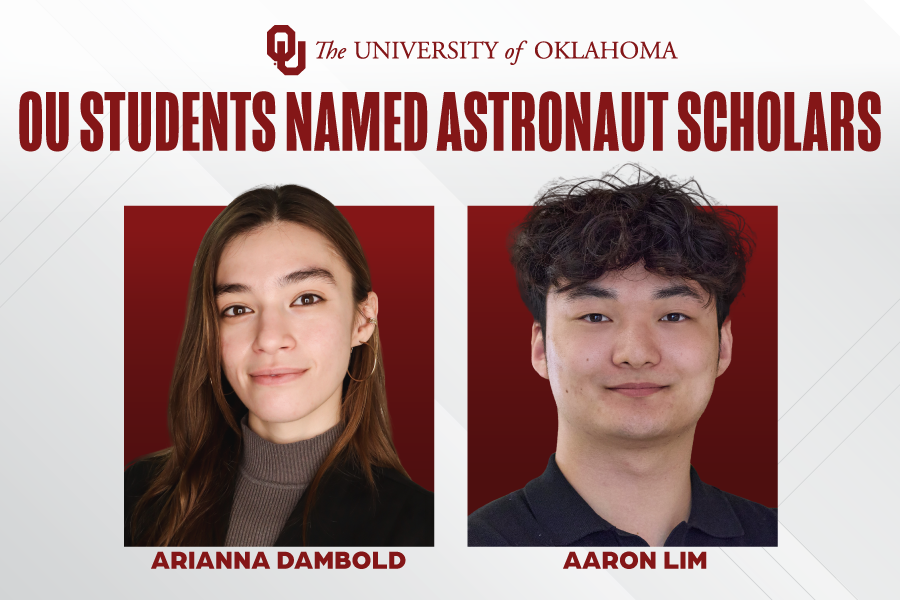 Graphic with photos of students identified as Arianna Dambold and Aaron Lim, reading: OU Students Named Astronaut Scholars.