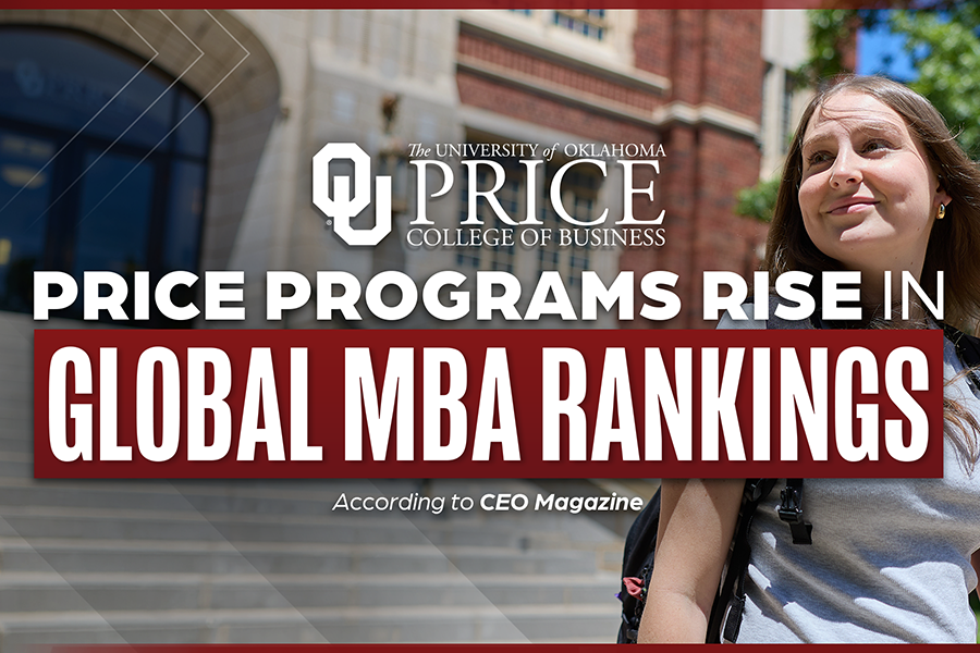 Graphic with photo of female university student and text reading: Price Programs Rise in Global MBA Rankings.
