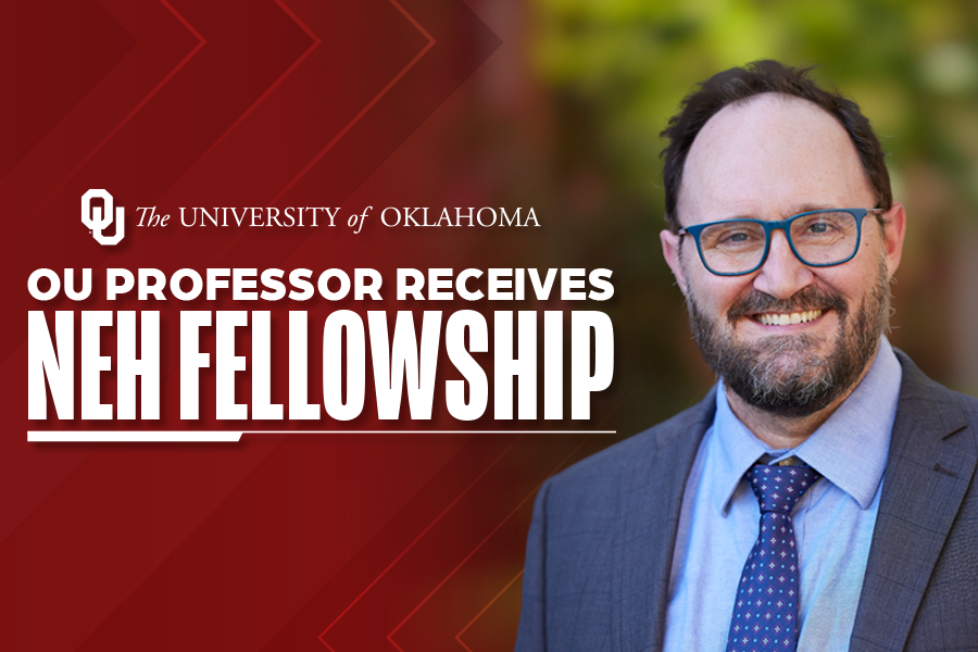Graphic with photo of Rangar Cline reading: "OU Professor Receives NEH Fellowship"