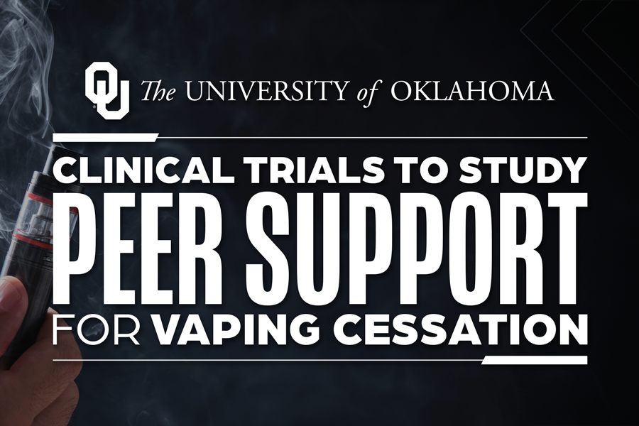 A graphic that reads "clincial trials to study peer support for vaping cessation" over an image of a hand holding a vape.