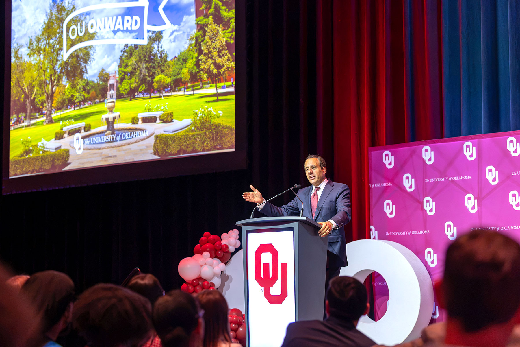 OU President Joseph Harroz, Jr. on a stage.
