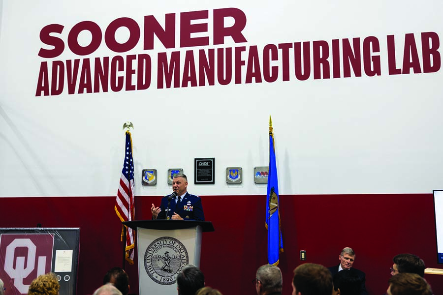 Col Brian Moore at the podium during Sooner Advanced Manufacturing Lab opening ceremony.