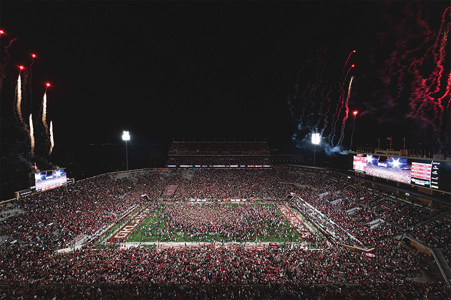 The OU Sooners playing the Alabama Crimson Tide in Gaylord Family Oklahoma Memorial Stadium.