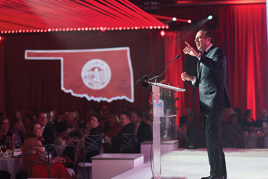 OU President Joe Harroz speaking at a podium during the 2025 OU Gala.