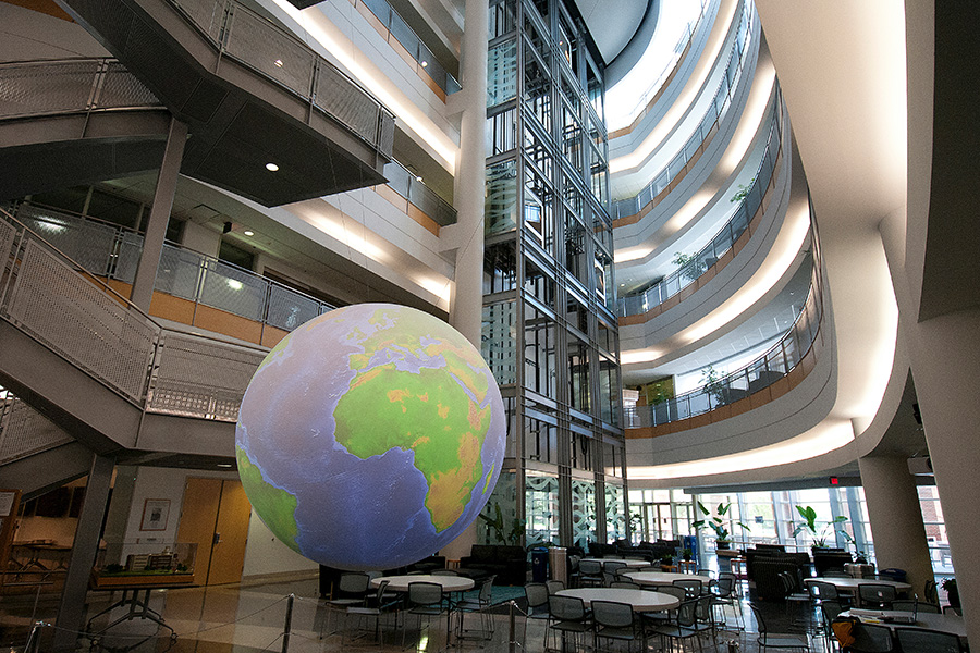 Science on a sphere globe in the atrium of the National Weather Center.