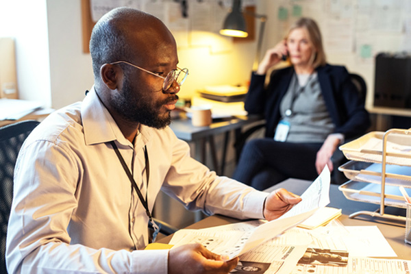 Man sitting at desk looking at paperwork with woman in background watching.