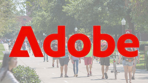 Adobe logo on top of an blurred image of students on campus.