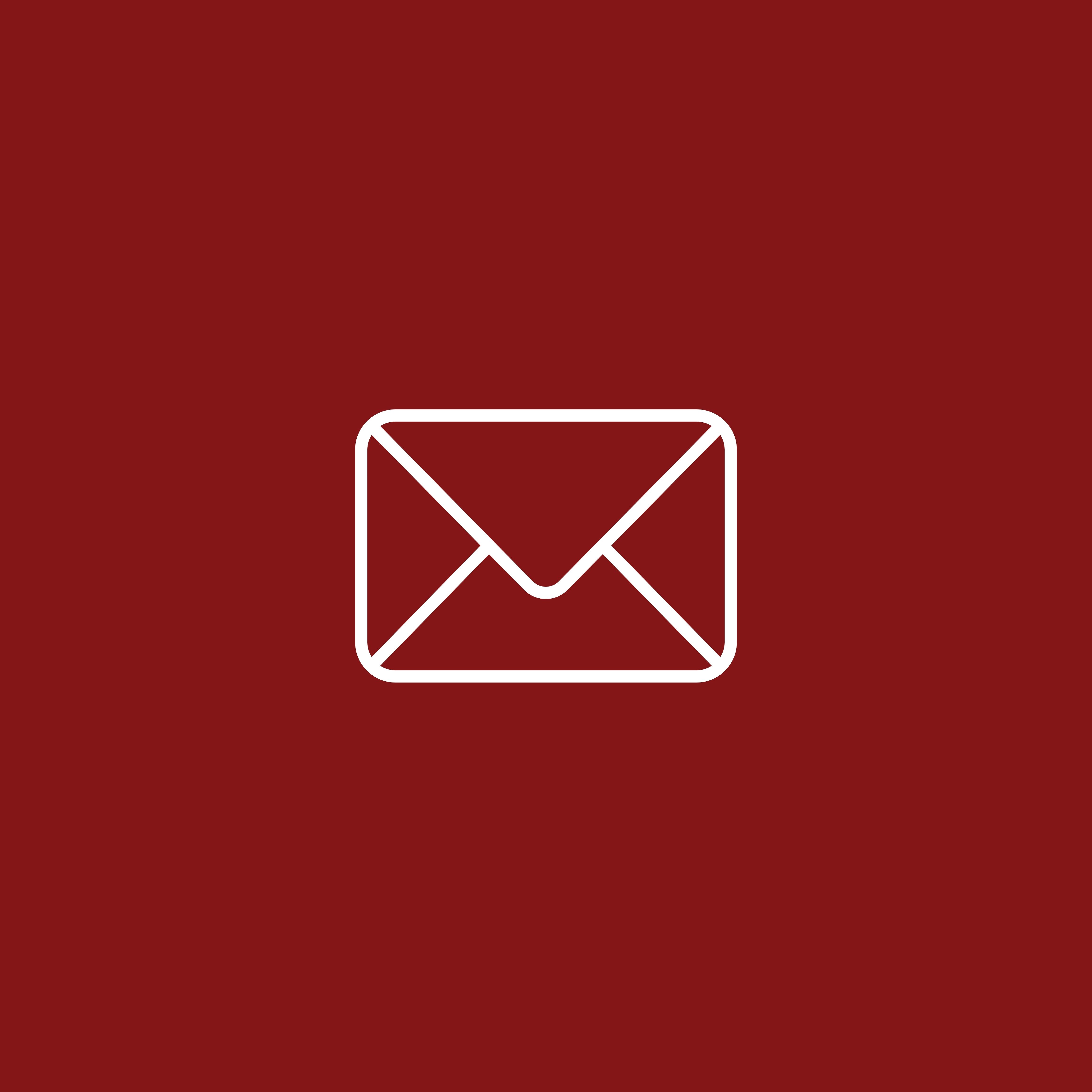 A white paper envelope icon over a crimson background.