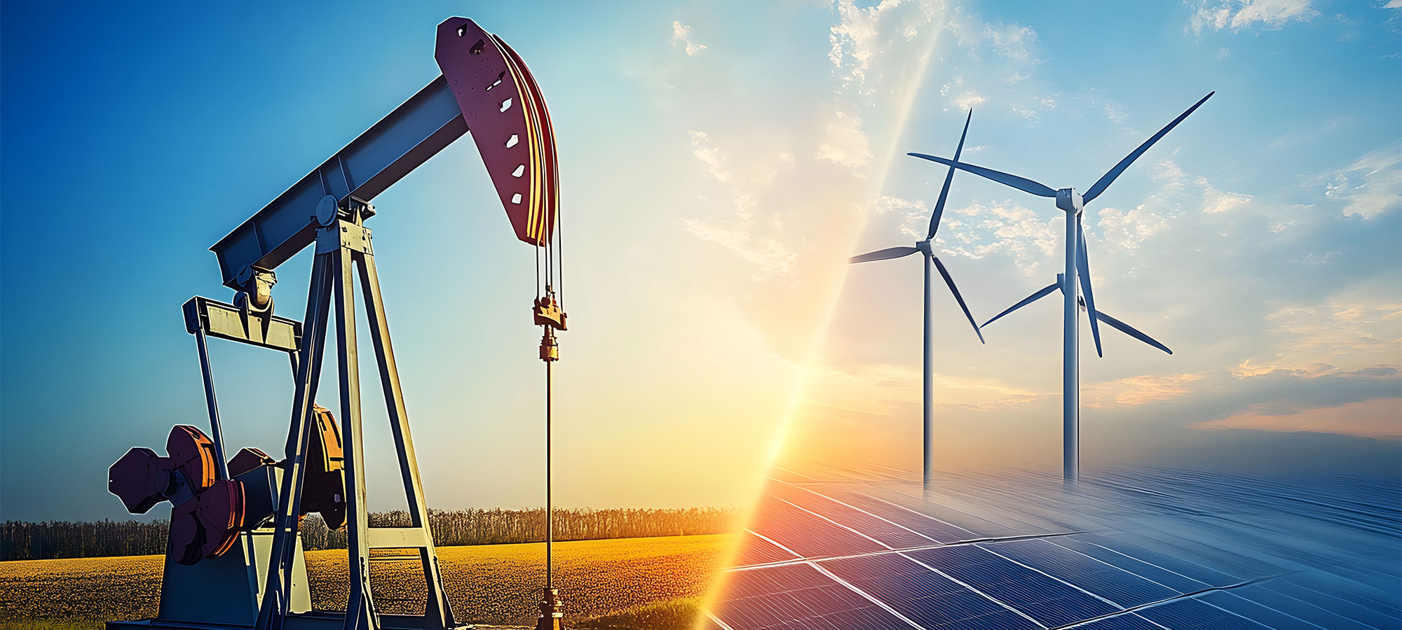 oil derrik, wind turnines and solar panels. 