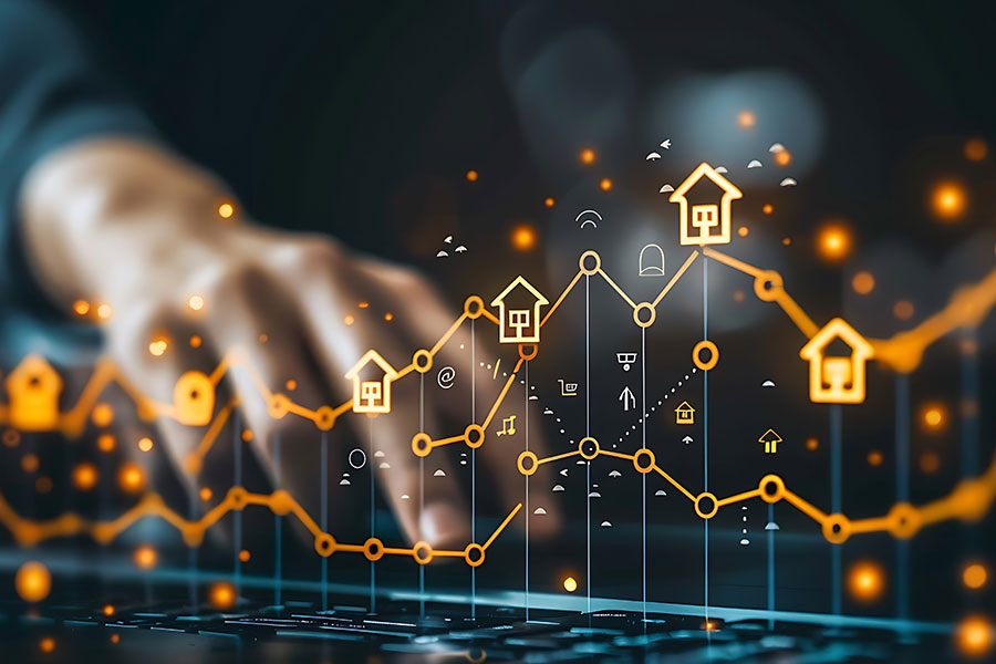 Hands typing on a keyboard with digital real estate data graphics in the foreground.