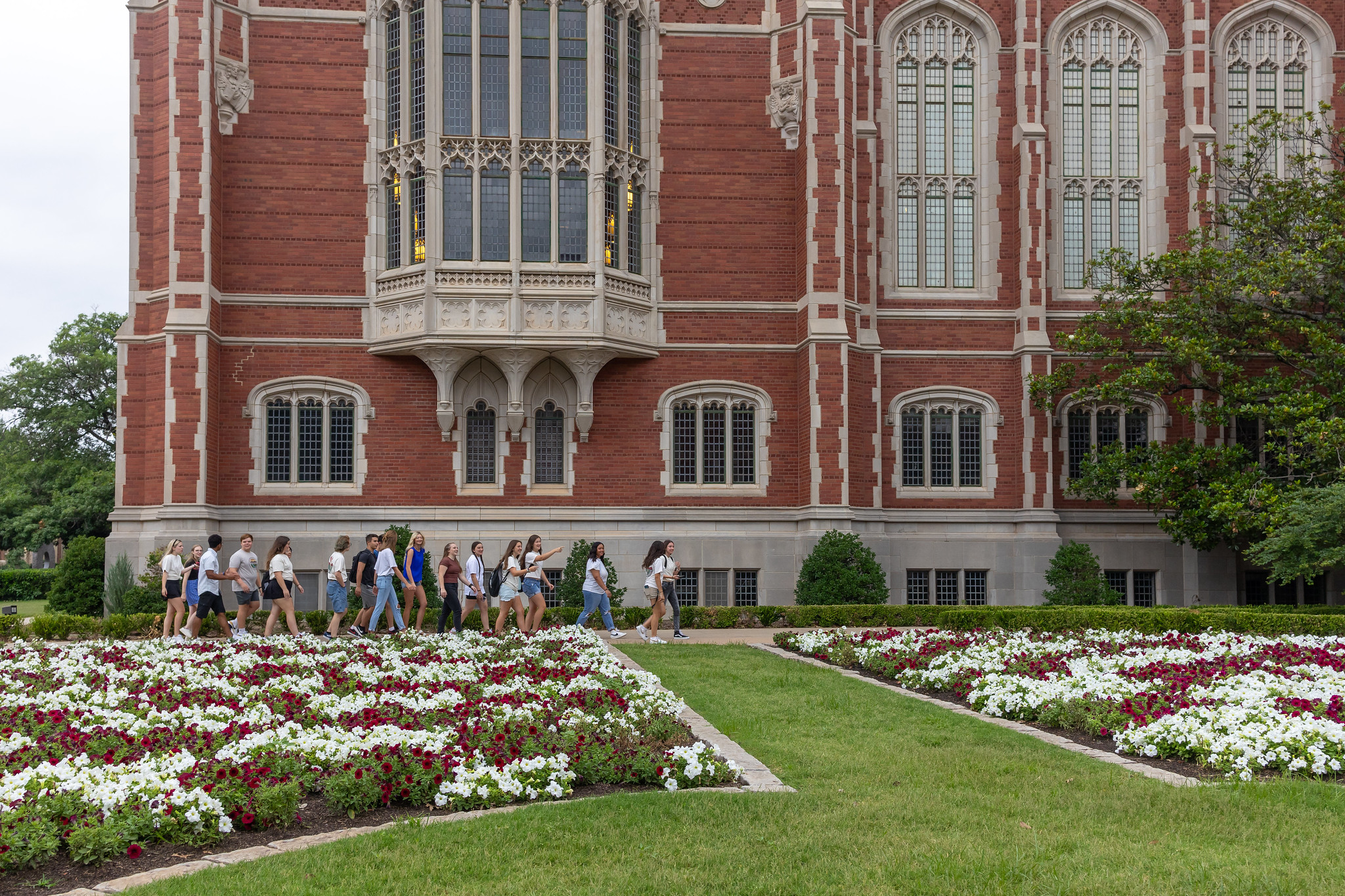 A tour group walking along the side of the Bizzell Memorial Library.