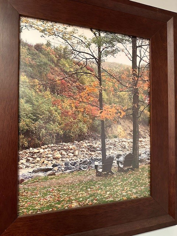 A framed photograph of trees and chairs overlooking a riverbed.