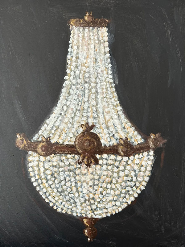 A painting of an antique chandelier with white crystal and golden brass accents.