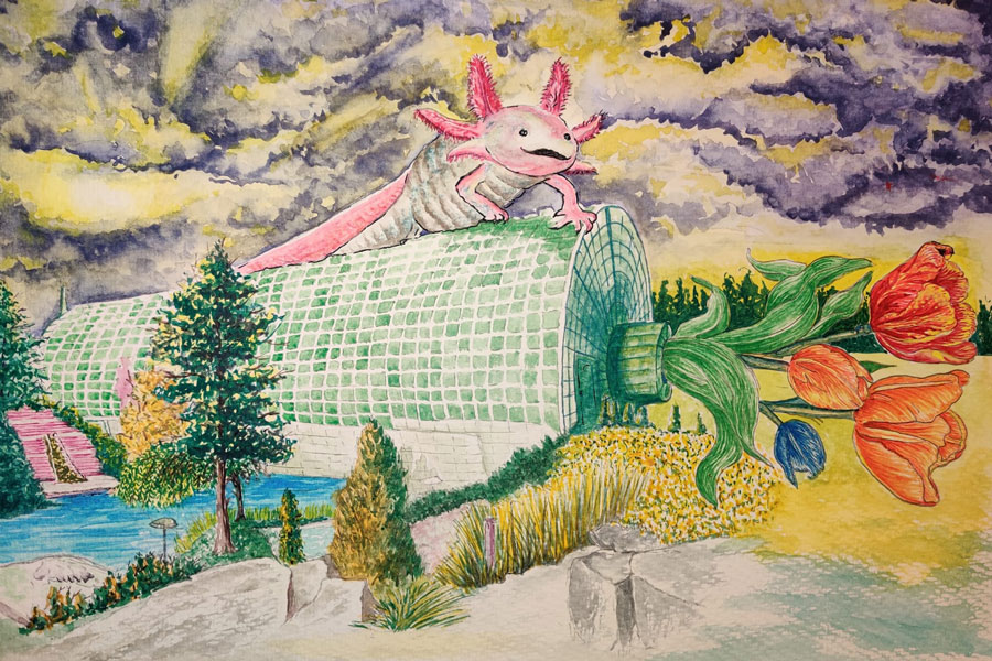 An axolotl on top of a glass building with tulips bursting from the entrance frame by trees and sky.