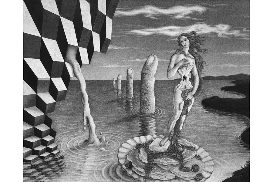 A black and white drawing showing a surrealist version of the birth of Venus.
