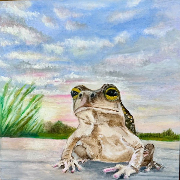A oil painting of a toad framed by a sunset over a marsh.