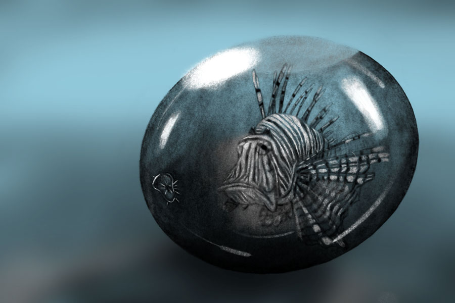 A zebra fish trapped in a clouded droplet of water.