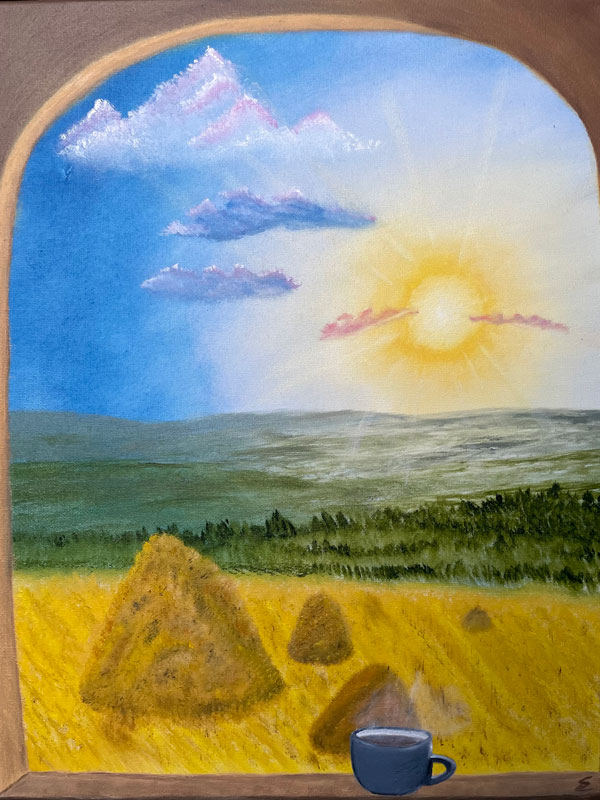 A painting of a steaming coffee cup overlooking a hay field at sunrise.