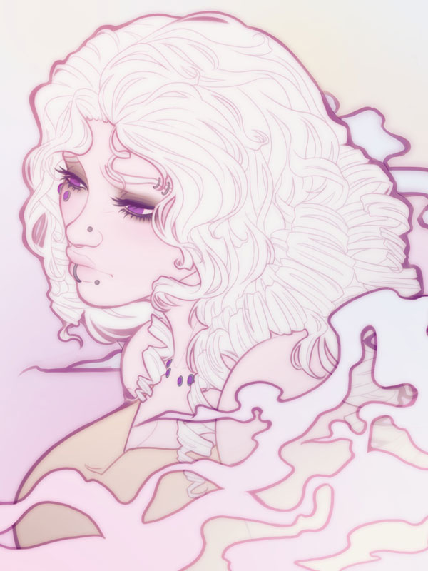 A portrait rendered in shades of pink and white with a vibrant purple outline fading into a stylized haze.