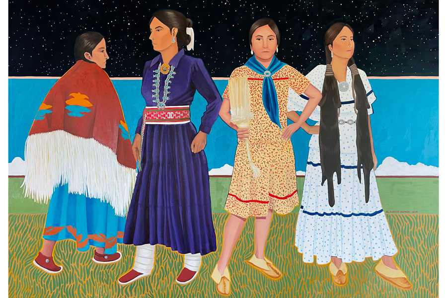 Painting of four figures in traditional dress framed by green earth, blue sky, and a starry night sky.