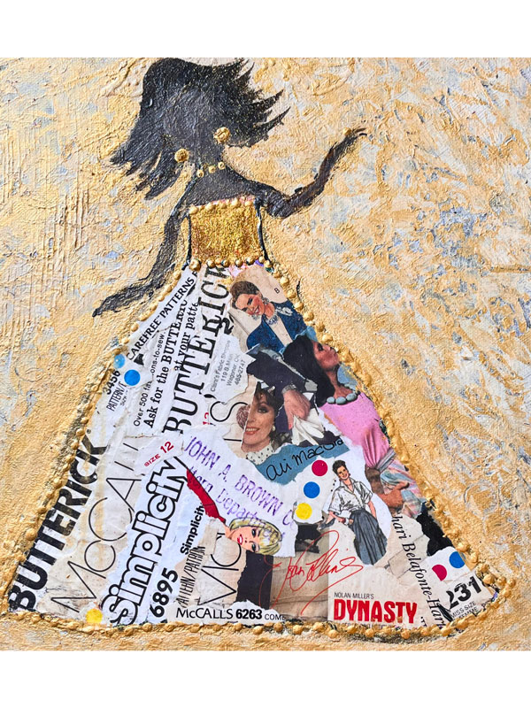 A collaged portrail of a woman in a dress made up of different scaps of paper from sewing patterns on a golden textured background.