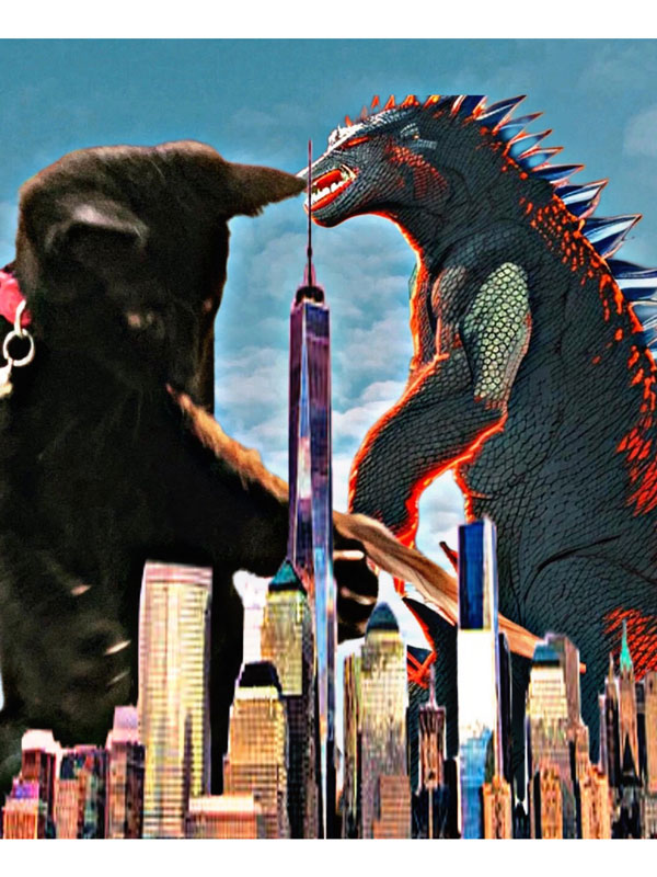 An image of a blackcat towering over a cityscape with a large lizard monster.