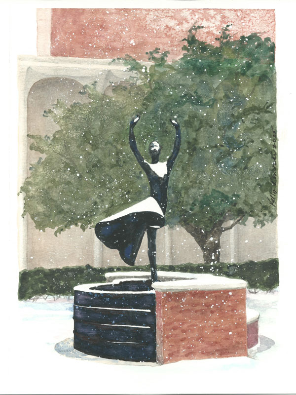 A painting of a snowy day featuring a ballerina statue.